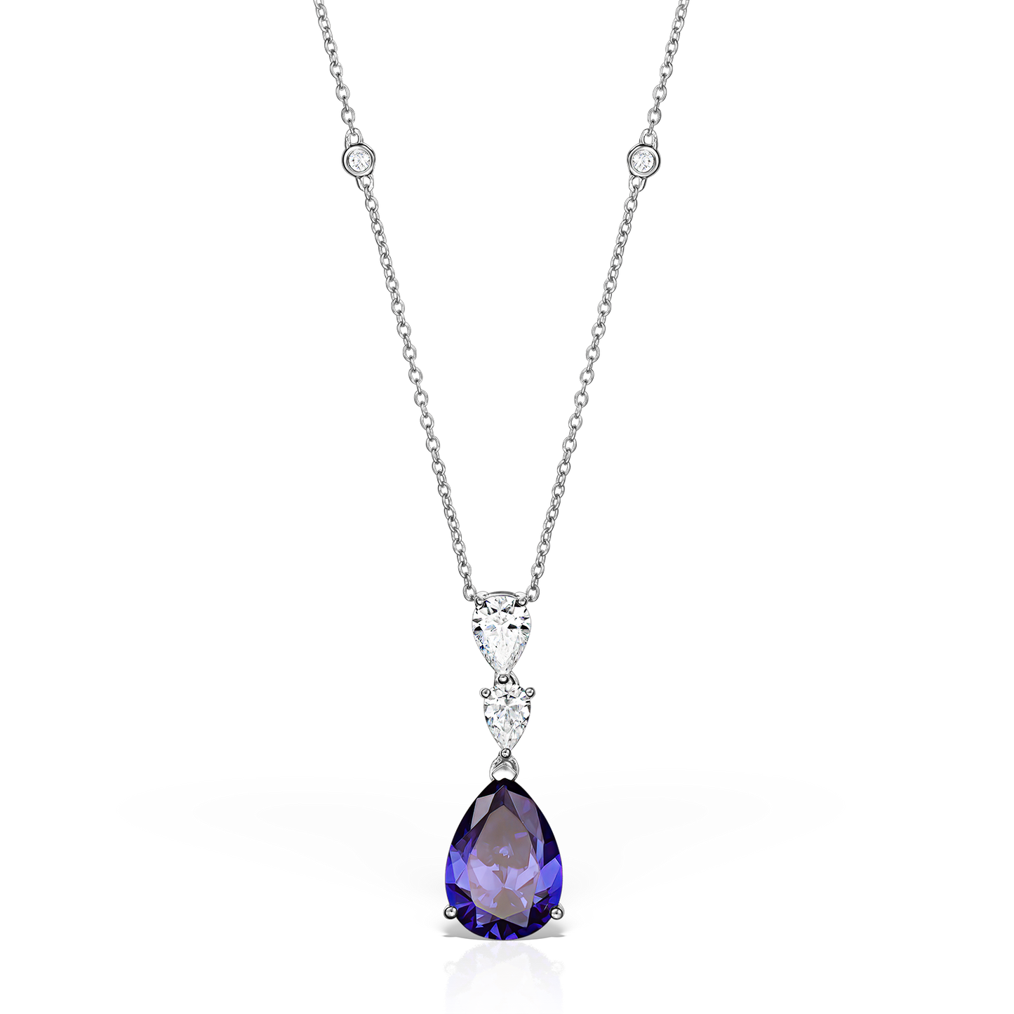 Necklace with Pear-Shaped Artificial Diamonds and Tanzanites