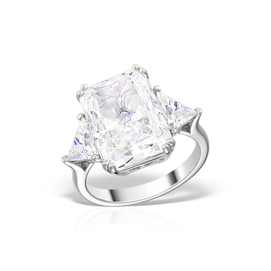 Ring with Radiant and Trilliant-Shaped Artificial Diamonds